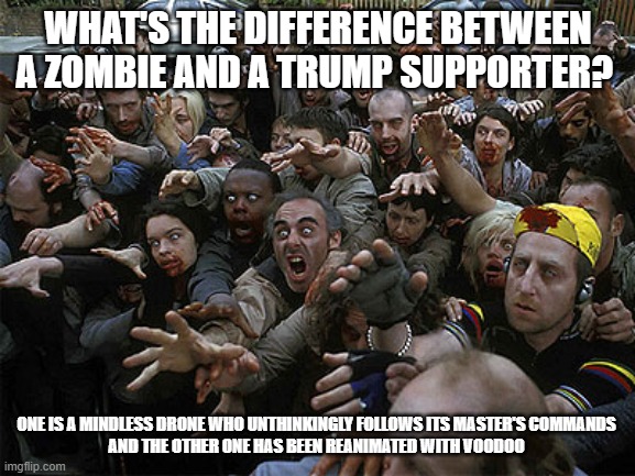 Trump zombie | WHAT'S THE DIFFERENCE BETWEEN A ZOMBIE AND A TRUMP SUPPORTER? ONE IS A MINDLESS DRONE WHO UNTHINKINGLY FOLLOWS ITS MASTER'S COMMANDS 
AND THE OTHER ONE HAS BEEN REANIMATED WITH VOODOO | image tagged in zombies approaching,trump supporter | made w/ Imgflip meme maker