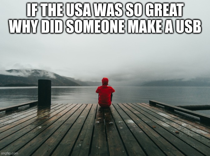 waiting on pier | IF THE USA WAS SO GREAT WHY DID SOMEONE MAKE A USB | image tagged in waiting on pier | made w/ Imgflip meme maker