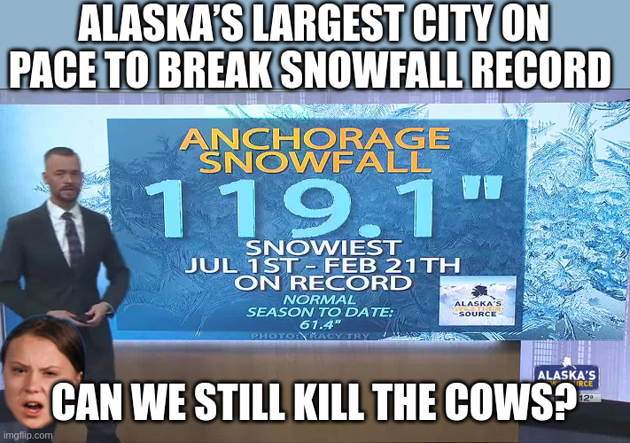 Damn You Global Boiling! | ALASKA’S LARGEST CITY ON PACE TO BREAK SNOWFALL RECORD; CAN WE STILL KILL THE COWS? | made w/ Imgflip meme maker