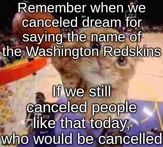 ballin cat | Remember when we canceled dream for saying the name of the Washington Redskins; If we still canceled people like that today, who would be cancelled | image tagged in ballin cat | made w/ Imgflip meme maker