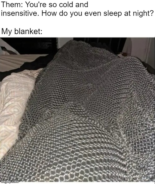 Them: You're so cold and insensitive. How do you even sleep at night? My blanket: | image tagged in funny | made w/ Imgflip meme maker