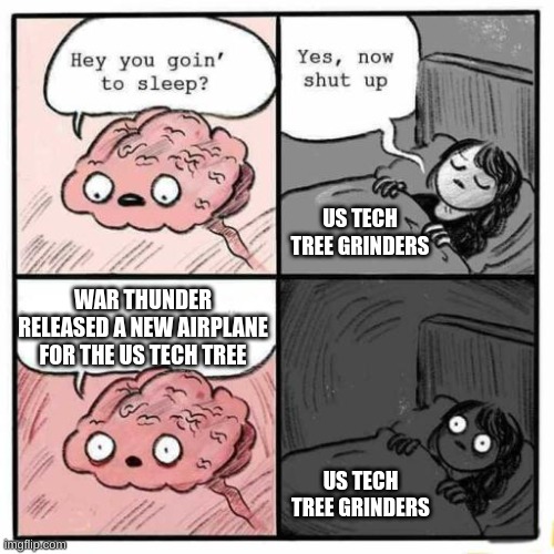 No sleep now | US TECH TREE GRINDERS; WAR THUNDER RELEASED A NEW AIRPLANE FOR THE US TECH TREE; US TECH TREE GRINDERS | image tagged in hey you going to sleep | made w/ Imgflip meme maker