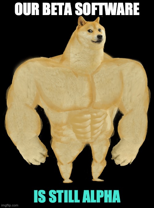 Our Beta Software Is Still Alpha | OUR BETA SOFTWARE; IS STILL ALPHA | image tagged in swole doge | made w/ Imgflip meme maker