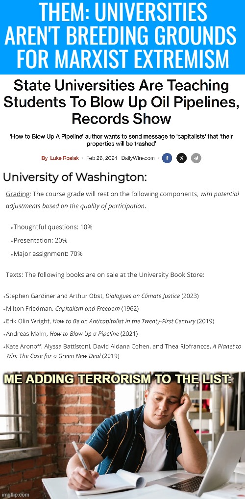 Example taken from one of the source-links in the article. Google the headline to find it all | THEM: UNIVERSITIES AREN'T BREEDING GROUNDS 
FOR MARXIST EXTREMISM; University of Washington:; ME ADDING TERRORISM TO THE LIST: | image tagged in american politics,marxism,terrorism,university | made w/ Imgflip meme maker