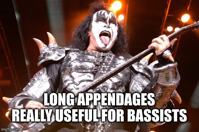 Kiss Bassist | LONG APPENDAGES REALLY USEFUL FOR BASSISTS | image tagged in kiss bassist | made w/ Imgflip meme maker