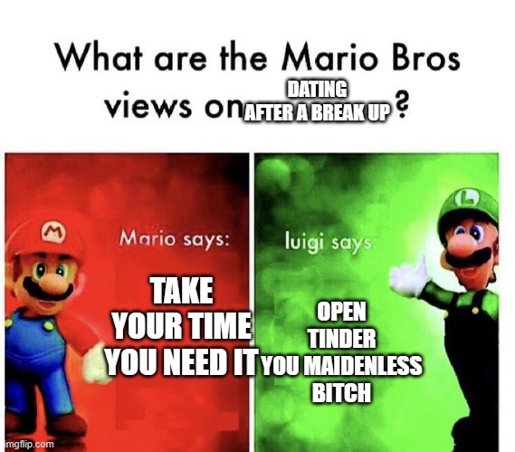 WERE BACK BOIS AND ON MY B-DAY | DATING AFTER A BREAK UP; TAKE YOUR TIME YOU NEED IT; OPEN TINDER YOU MAIDENLESS BITCH | image tagged in mario bros views | made w/ Imgflip meme maker