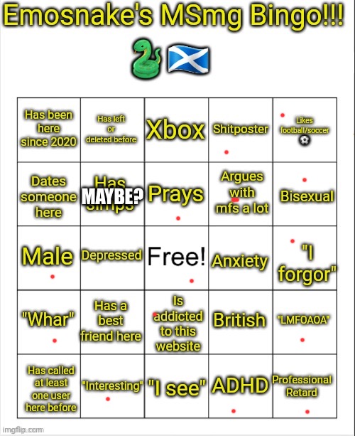 Emosnake's MSmg bingo | MAYBE? | image tagged in emosnake's msmg bingo | made w/ Imgflip meme maker