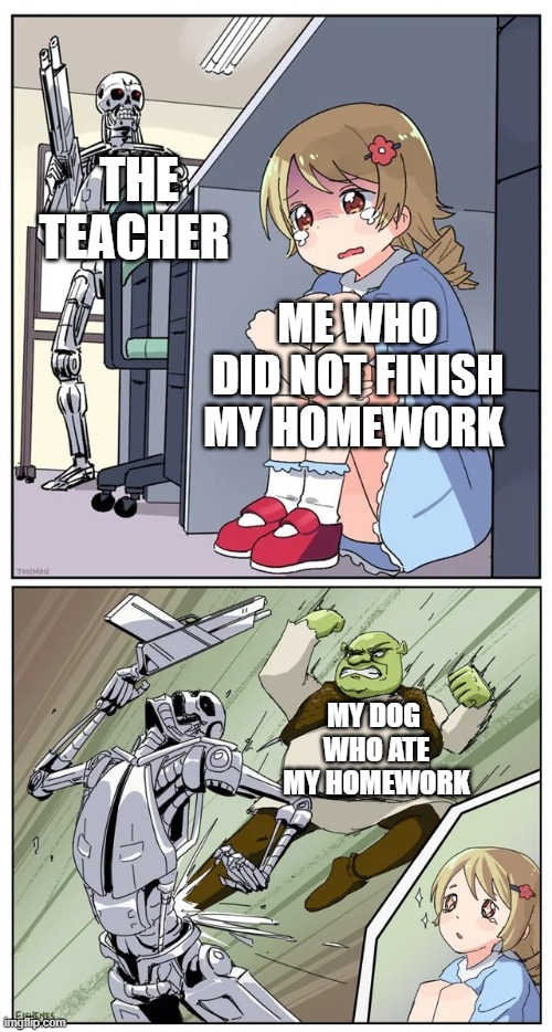 This school meme is too relatable | THE TEACHER; ME WHO DID NOT FINISH MY HOMEWORK; MY DOG  WHO ATE MY HOMEWORK | image tagged in anime girl hiding from terminator but shrek intervenes | made w/ Imgflip meme maker