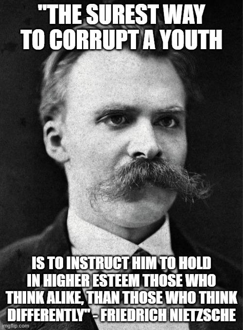 SURE IS CORRECT!! | "THE SUREST WAY TO CORRUPT A YOUTH; IS TO INSTRUCT HIM TO HOLD IN HIGHER ESTEEM THOSE WHO THINK ALIKE, THAN THOSE WHO THINK DIFFERENTLY" - FRIEDRICH NIETZSCHE | image tagged in friedrich nietzsche | made w/ Imgflip meme maker
