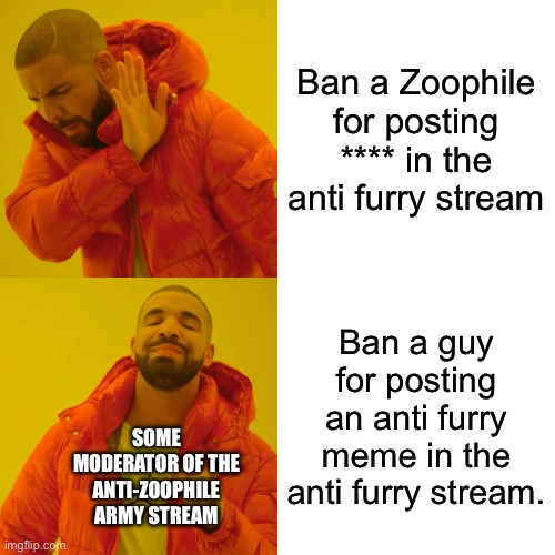 Watch out anti zoos… | Ban a Zoophile for posting **** in the anti furry stream; Ban a guy for posting an anti furry meme in the anti furry stream. SOME MODERATOR OF THE ANTI-ZOOPHILE ARMY STREAM | image tagged in memes,drake hotline bling | made w/ Imgflip meme maker