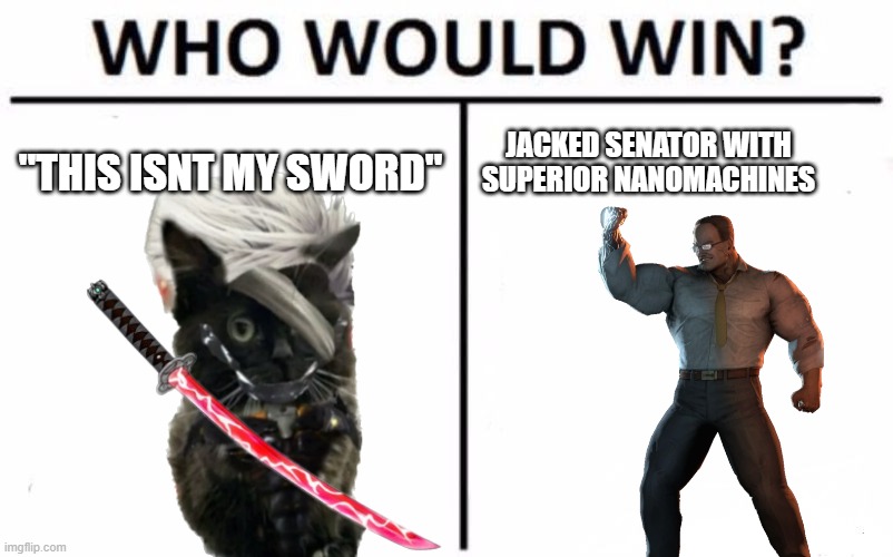 Who Would Win? | "THIS ISNT MY SWORD"; JACKED SENATOR WITH SUPERIOR NANOMACHINES | image tagged in memes,who would win,metal gear rising | made w/ Imgflip meme maker