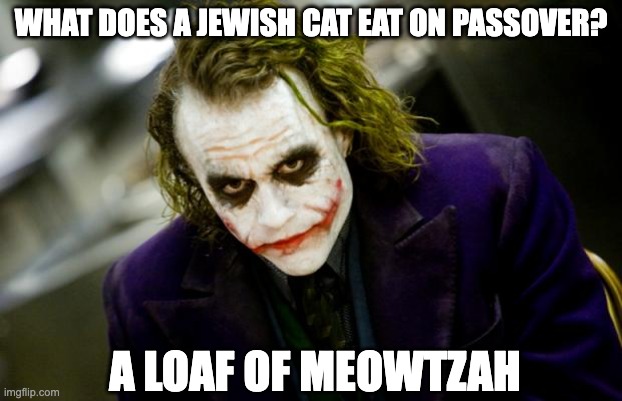 why so serious joker | WHAT DOES A JEWISH CAT EAT ON PASSOVER? A LOAF OF MEOWTZAH | image tagged in why so serious joker,jewish,joker,the joker,passover,cat | made w/ Imgflip meme maker