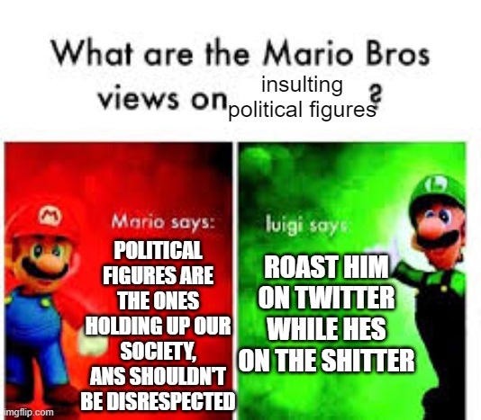 honestly marios still aint true for a lot of them | insulting political figures; POLITICAL FIGURES ARE THE ONES HOLDING UP OUR SOCIETY, ANS SHOULDN'T BE DISRESPECTED; ROAST HIM ON TWITTER WHILE HES ON THE SHITTER | image tagged in mario brothers veiws | made w/ Imgflip meme maker