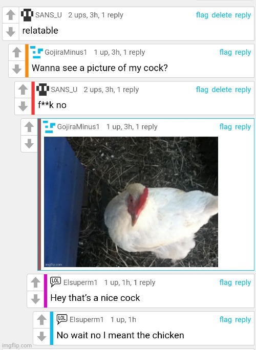 I mean it seems cursed on my side(mod note: thats a nice cock) | image tagged in cock,chicken | made w/ Imgflip meme maker