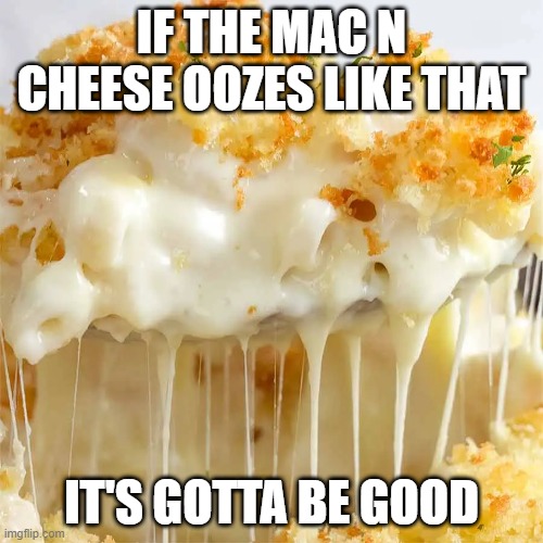 Mac N Cheese | IF THE MAC N CHEESE OOZES LIKE THAT; IT'S GOTTA BE GOOD | image tagged in food | made w/ Imgflip meme maker