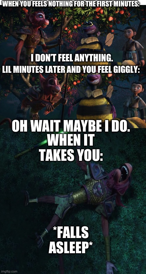 Stages after having a sugar rush | WHEN YOU FEELS NOTHING FOR THE FIRST MINUTES:; I DON’T FEEL ANYTHING. LIL MINUTES LATER AND YOU FEEL GIGGLY:; WHEN IT TAKES YOU:; OH WAIT MAYBE I DO. *FALLS ASLEEP* | image tagged in the-monkey-king-2023,funny memes,sugar-rush,tired | made w/ Imgflip meme maker
