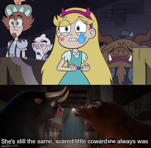 She's afraid of literally everything | She's; she | image tagged in star butterfly,he's still the same scared little coward he always was | made w/ Imgflip meme maker