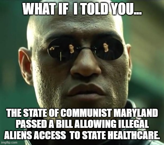More communist Insanity from the State of Maryland | WHAT IF  I TOLD YOU... THE STATE OF COMMUNIST MARYLAND PASSED A BILL ALLOWING ILLEGAL ALIENS ACCESS  TO STATE HEALTHCARE. | image tagged in morpheus,democrats,joe biden,illegal aliens,communism | made w/ Imgflip meme maker