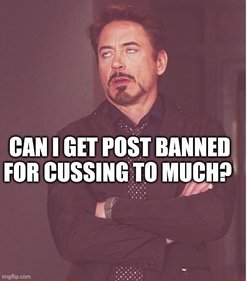 Face You Make Robert Downey Jr | CAN I GET POST BANNED FOR CUSSING TO MUCH? | image tagged in memes,face you make robert downey jr | made w/ Imgflip meme maker