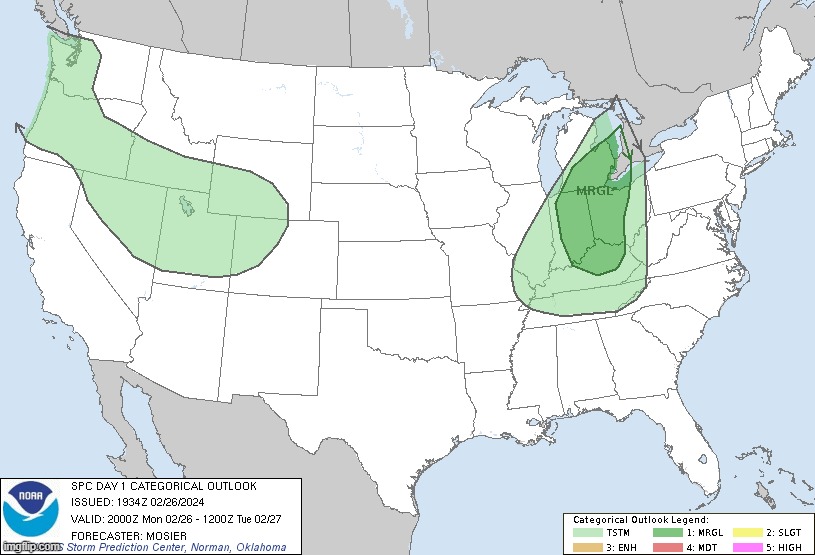 Marginal risk for today with thunderstorms across the country, the Marginal risk will develop into a Slight risk tomorrow | made w/ Imgflip meme maker
