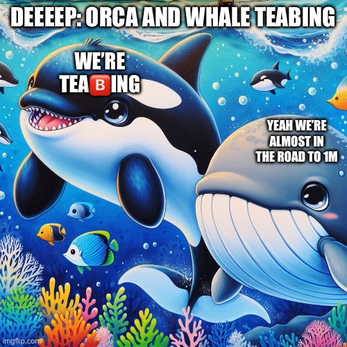 Orca and whale teaBing! | DEEEEP: ORCA AND WHALE TEABING; WE’RE TEA🅱️ING; YEAH WE’RE ALMOST IN THE ROAD TO 1M | image tagged in deeeepio,teabers,orca,whale | made w/ Imgflip meme maker