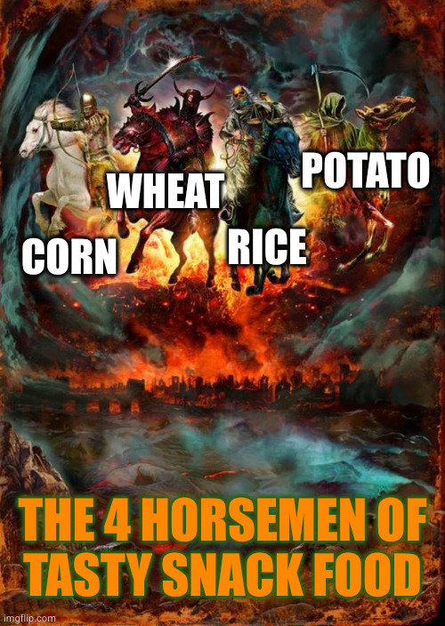 just fry and add salt | POTATO; WHEAT; RICE; CORN; THE 4 HORSEMEN OF
TASTY SNACK FOOD | image tagged in the four horsemen of the apocalypse | made w/ Imgflip meme maker