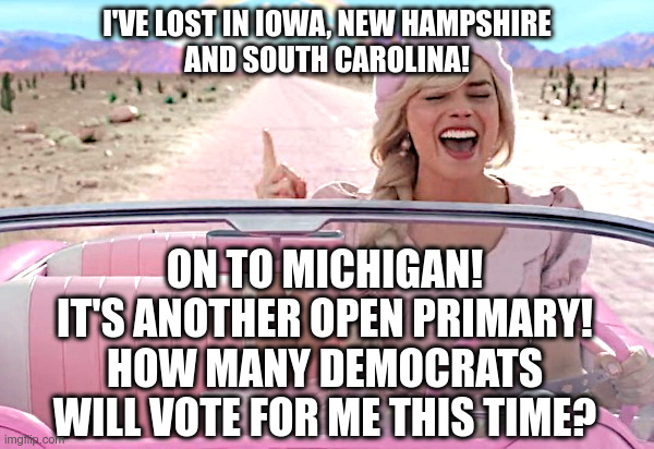 Nikki Haley: On To Michigan! | image tagged in nikki haley,iowa,new hampshire,south carolina,michigan,democrats | made w/ Imgflip meme maker
