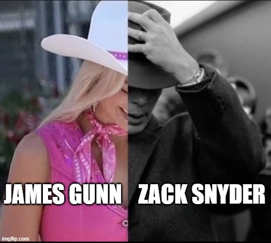 GunnSnyder | ZACK SNYDER; JAMES GUNN | image tagged in barbenheimer | made w/ Imgflip meme maker