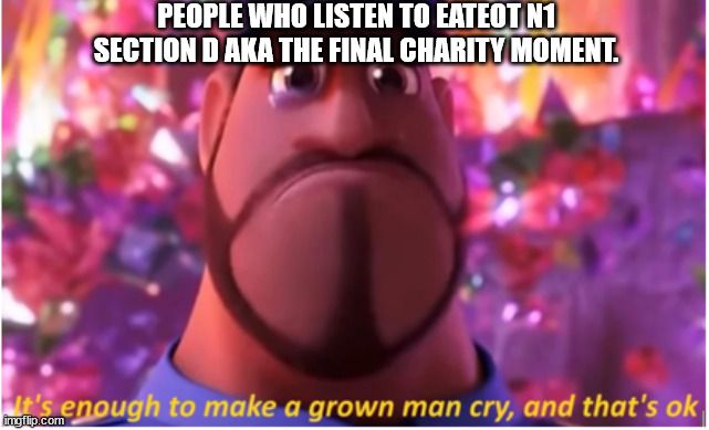 It's enough to make a grown man cry and that's ok | PEOPLE WHO LISTEN TO EATEOT N1 SECTION D AKA THE FINAL CHARITY MOMENT. | image tagged in it's enough to make a grown man cry and that's ok | made w/ Imgflip meme maker