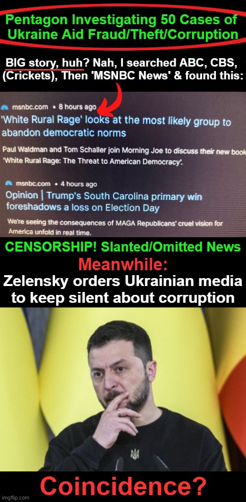 Mainstream Media Doesn't Report The Real News | Pentagon Investigating 50 Cases of 
Ukraine Aid Fraud/Theft/Corruption; _________; BIG story, huh? Nah, I searched ABC, CBS, 
(Crickets), Then 'MSNBC News' & found this:; CENSORSHIP! Slanted/Omitted News; Meanwhile:; Zelensky orders Ukrainian media
to keep silent about corruption; Coincidence? | image tagged in politics,ukraine,media,corruption,censorship,fake news | made w/ Imgflip meme maker