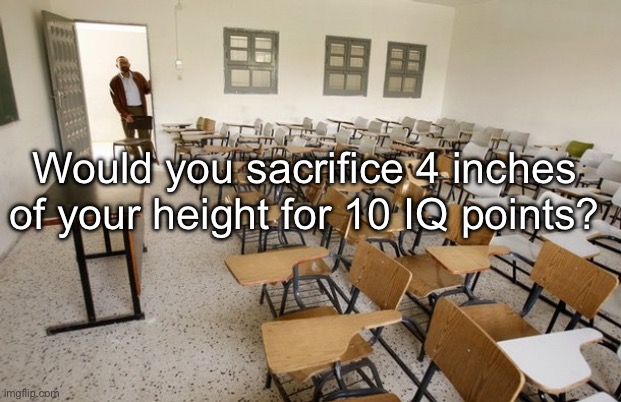 IQ anyone? | Would you sacrifice 4 inches of your height for 10 IQ points? | image tagged in empty classroom,iq | made w/ Imgflip meme maker