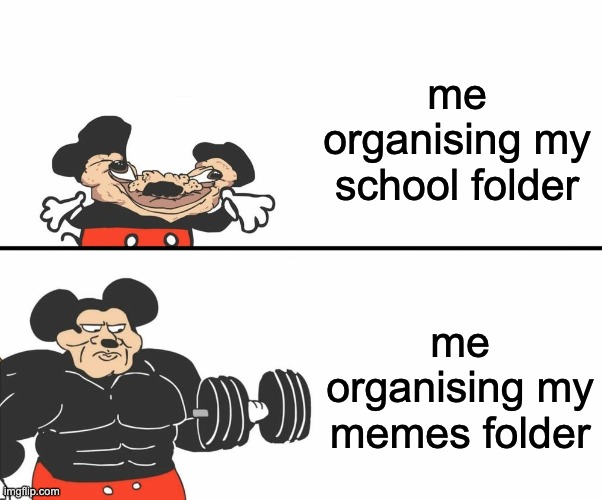 bros got his priorities | me organising my school folder; me organising my memes folder | image tagged in buff mickey mouse | made w/ Imgflip meme maker