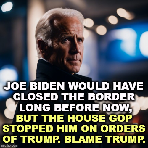 Nobody has open borders. Not Biden, not anyone. That's just election year bilge from the GOP. | JOE BIDEN WOULD HAVE 
CLOSED THE BORDER 
LONG BEFORE NOW, BUT THE HOUSE GOP STOPPED HIM ON ORDERS OF TRUMP. BLAME TRUMP. | image tagged in biden,mexico,closed,borders,trump,villain | made w/ Imgflip meme maker