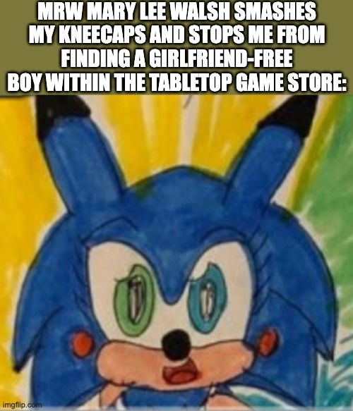 THAT DAMN MARY LEE WALSH! | MRW MARY LEE WALSH SMASHES MY KNEECAPS AND STOPS ME FROM FINDING A GIRLFRIEND-FREE BOY WITHIN THE TABLETOP GAME STORE: | image tagged in mary lee walsh,love quest,sonichu,sonic,chris chan,cwc | made w/ Imgflip meme maker