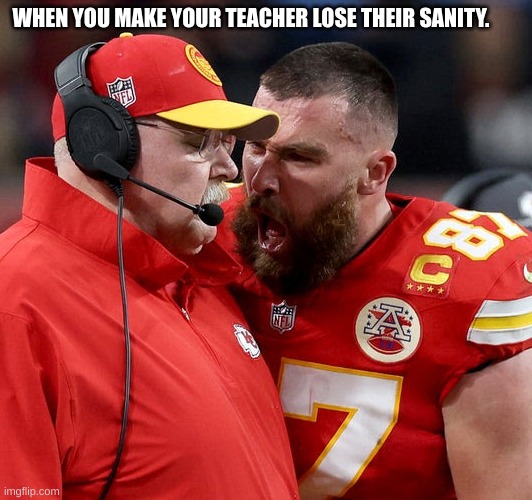 0 sanity | WHEN YOU MAKE YOUR TEACHER LOSE THEIR SANITY. | image tagged in travis kelce screaming,fun | made w/ Imgflip meme maker