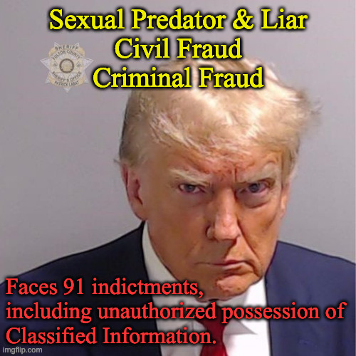 Trump Guilty | Sexual Predator & Liar
Civil Fraud
Criminal Fraud; Faces 91 indictments,
including unauthorized possession of 
Classified Information. | image tagged in trump mugshot | made w/ Imgflip meme maker