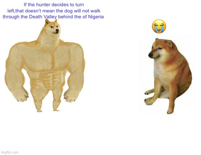 Buff Doge vs. Cheems | If the hunter decides to turn left,that doesn’t mean the dog will not walk through the Death Valley behind the of Nigeria; 😭 | image tagged in memes,buff doge vs cheems | made w/ Imgflip meme maker