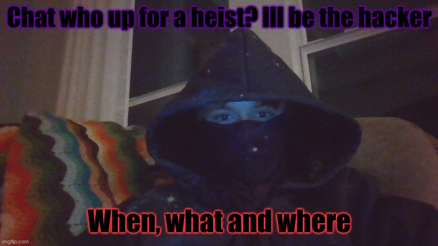 Virian hacker | Chat who up for a heist? Ill be the hacker; When, what and where | image tagged in virian hacker | made w/ Imgflip meme maker