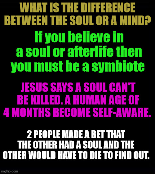 Think | WHAT IS THE DIFFERENCE BETWEEN THE SOUL OR A MIND? If you believe in a soul or afterlife then you must be a symbiote; JESUS SAYS A SOUL CAN'T BE KILLED. A HUMAN AGE OF 4 MONTHS BECOME SELF-AWARE. 2 PEOPLE MADE A BET THAT THE OTHER HAD A SOUL AND THE OTHER WOULD HAVE TO DIE TO FIND OUT. | image tagged in deep thoughts | made w/ Imgflip meme maker