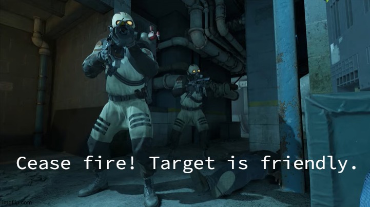 Cease fire! Target is friendly. | image tagged in cease fire target is friendly | made w/ Imgflip meme maker