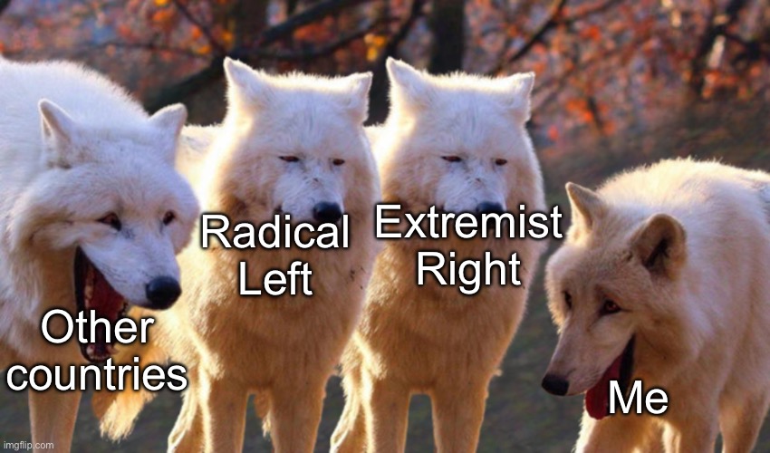 2/4 Wolves Laugh | Other countries Radical Left Extremist Right Me | image tagged in 2/4 wolves laugh | made w/ Imgflip meme maker