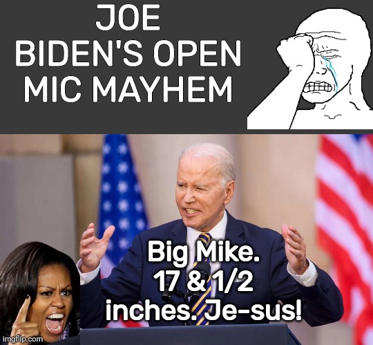 Joe Biden Open Mic Mayhem | JOE BIDEN'S OPEN MIC MAYHEM; Big Mike. 17 & 1/2 inches. Je-sus! | image tagged in biden arms outstretched,michelle obama | made w/ Imgflip meme maker