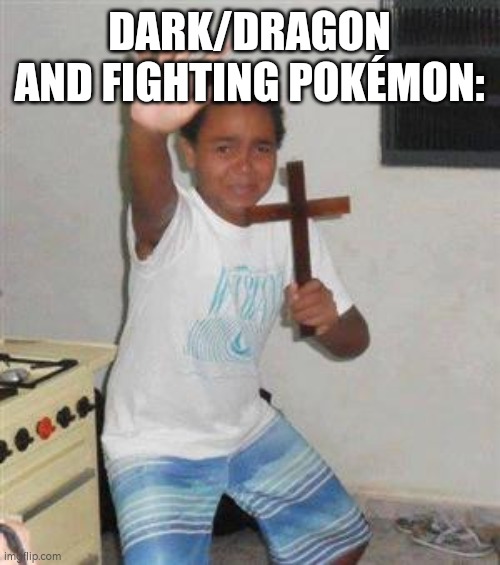 Scared Kid | DARK/DRAGON AND FIGHTING POKÉMON: | image tagged in scared kid | made w/ Imgflip meme maker