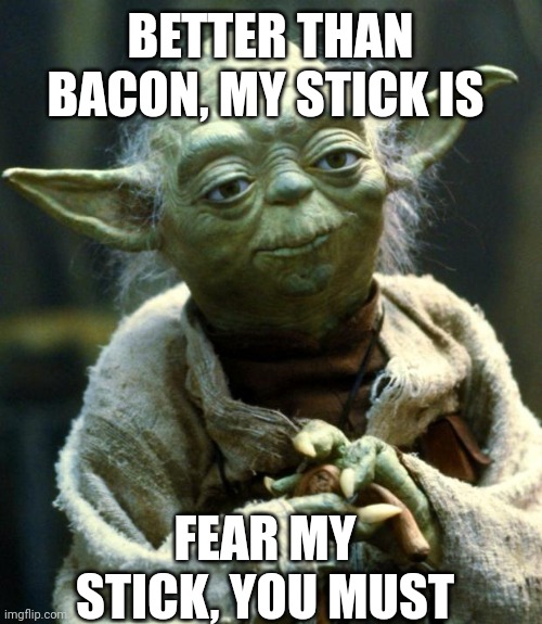 Thunk yo coconut with my stick | BETTER THAN BACON, MY STICK IS; FEAR MY STICK, YOU MUST | image tagged in memes,star wars yoda | made w/ Imgflip meme maker