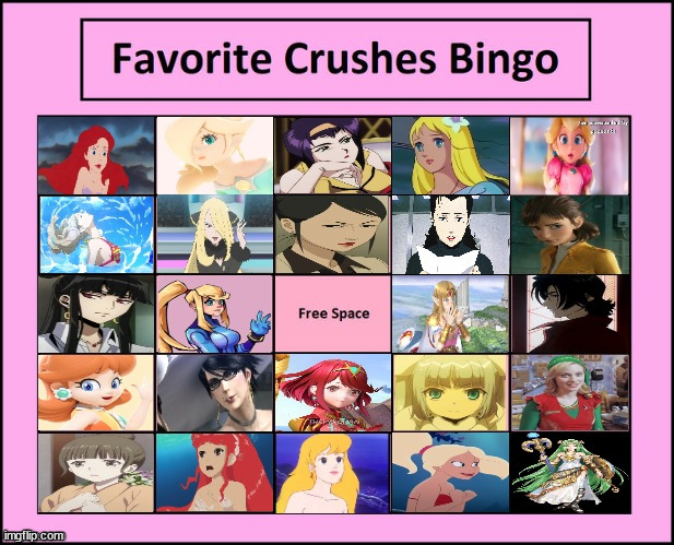 favorite crushes bingo | image tagged in favorite crushes bingo,when your crush,waifu,hot girl,nintendo,anime | made w/ Imgflip meme maker