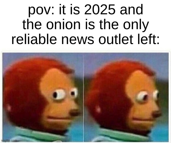 Monkey Puppet Meme | pov: it is 2025 and the onion is the only reliable news outlet left: | image tagged in memes,monkey puppet | made w/ Imgflip meme maker