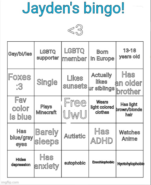 Jayden's bingo! Blank Meme Template