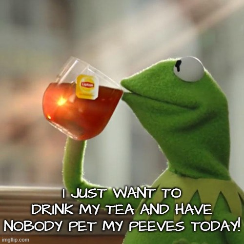 I just want to drink my tea | I JUST WANT TO DRINK MY TEA AND HAVE NOBODY PET MY PEEVES TODAY! | image tagged in kermit frog tea,drink tea,nobody pet my peeves,kermit,tea,pet peeves | made w/ Imgflip meme maker