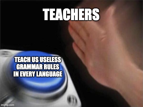 grammar | TEACHERS; TEACH US USELESS GRAMMAR RULES IN EVERY LANGUAGE | image tagged in memes,blank nut button | made w/ Imgflip meme maker
