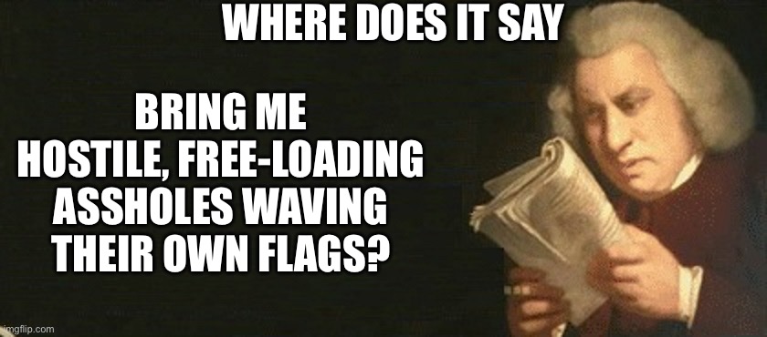 Reading the constitution | WHERE DOES IT SAY; BRING ME HOSTILE, FREE-LOADING ASSHOLES WAVING THEIR OWN FLAGS? | image tagged in reading the constitution,illegal immigration,maga,trump,2024 | made w/ Imgflip meme maker
